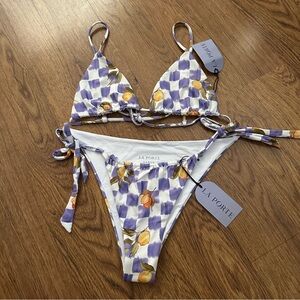 La Porte Purple White checkered Bikini Set Large NWT sexy highcut swimwear